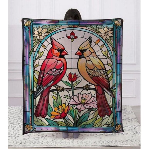 New Cardinals Bird Stained Glass Plush Gift Throw Blanket Cardinal Red Birds NIP - Picture 2 of 3